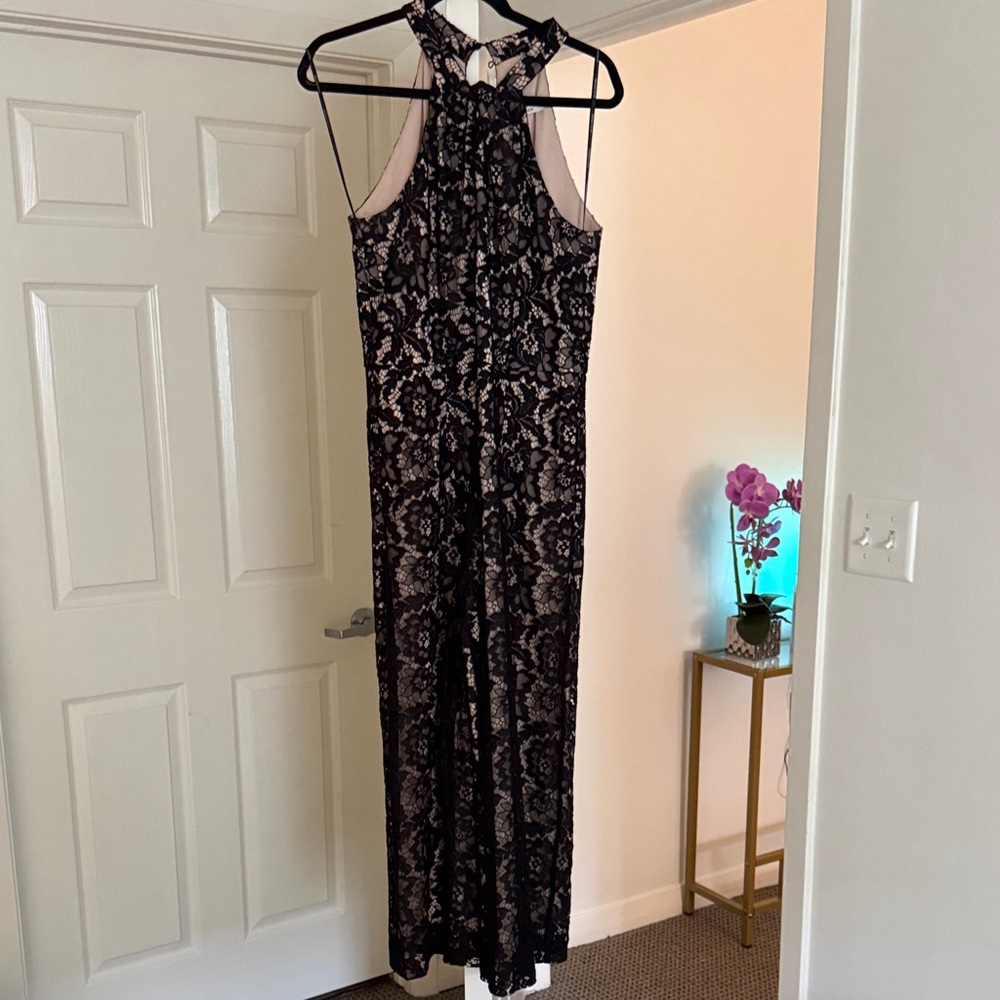 julia jordan Black Lace Overlay with Nude Lining Evening Dress